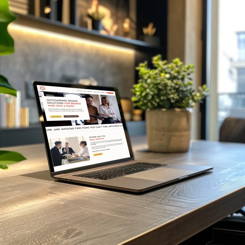 A laptop on a wooden desk displays a business website. The office setting includes a plant, shelves with books, and a large window in the background, allowing natural light to illuminate the workspace.